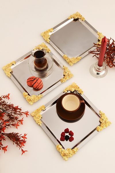 AKSESUAR EVRENİ Alvio Stainless Square 4 Corner Yellow Flower Detailed Presentation Tray Silver Set of 3