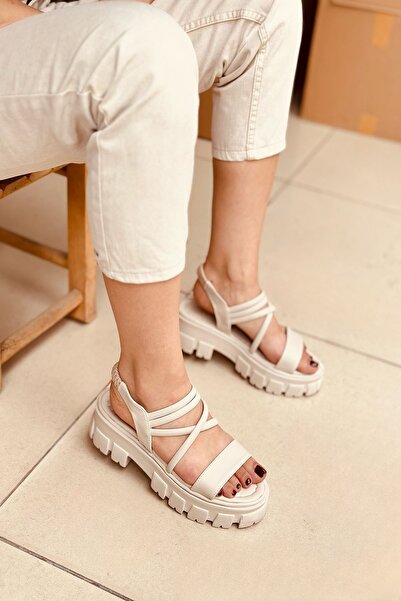 Mida Shoes Yterry Ten Deri Dolgu Topuk Kadın Sandalet