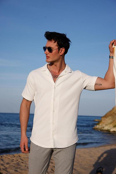 Pobudo White Color Textured Short Sleeve Men's Shirt