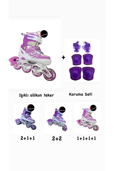 TOPROCKSTORE Lighted Children's Skates Adjustable Practice Silicone Wheels with Brakes Metal Body Skates Knee Pad Set