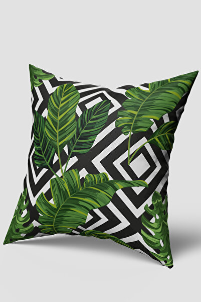 EsnafAli Husă de pernă cu model de frunze pătrate tropicale, verde, neagră
