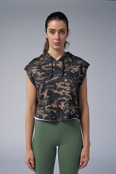 bilcee Pulover crop cu glugă de camuflaj verde pentru femei 4098