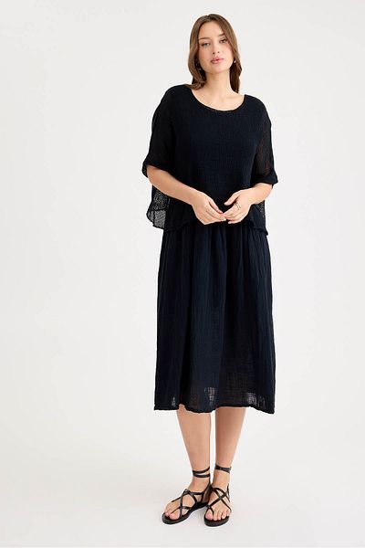 Vitrin Short Sleeve Mesh Linen Dress