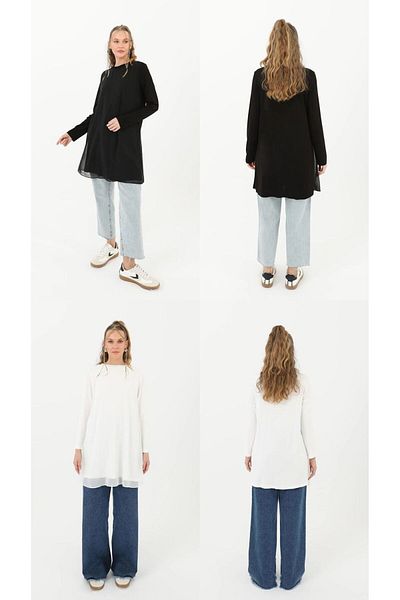 Nisa Luxury Boutique Puane Si̇Yah Ve Beyaz İki̇Li̇ Set Long Sleeve Şifon Detail Inner Tunic