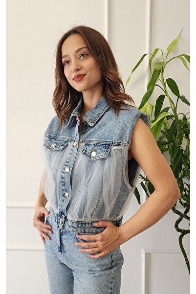 My Boutique Τζιν γιλέκο με λεπτομέρεια από τούλι