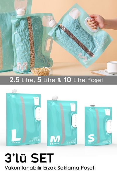 Meleni Home 3 Pack Vacuum Food Storage Bags - Green with Airtight Handles