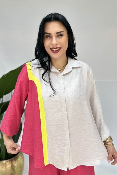 GÖKSEL Yellow Striped Linen Shirt Bluz Big Size