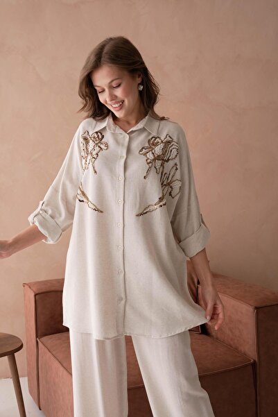 BURRASCA BONCUK NAKIŞ İŞLEMELİ OVERSIZE KETEN GÖMLEK