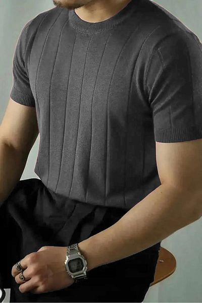 BİRBEYSTORE Ανδρικό πλεκτό T-Shirt με λαιμόκοψη