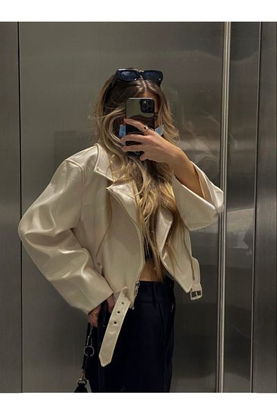 NET OF NOT New Season Oversize Women's White Biker Leather Jacket