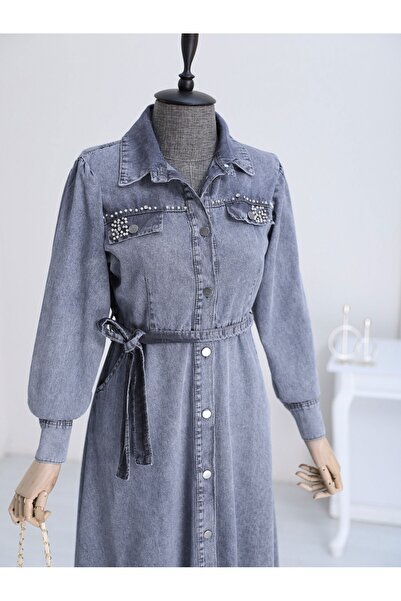 Modamorfo Stone részletes hosszúságú gombos farmer ruha - indigó