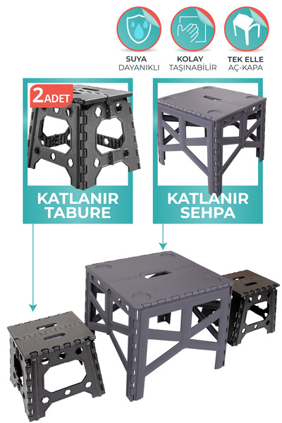 Blooma Portatif Plastik Katlanabilir Kolay Taşınır Kamp Piknik Masası + 2 Adet Katlanır Kamp Tabure Set 310