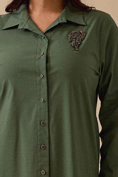 Gala-Xi Galaxi Women Plus Size Stone Detail Buttoned Shirt Dress 4002 Green