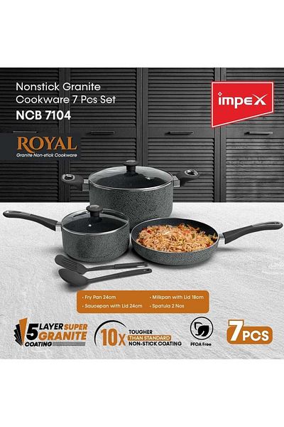 İMPEX 7-Piece Aluminum Cookware Set, Non-Stick Granite, Glass Lid, Frypan, Saucepan, Milkpan, Spatula