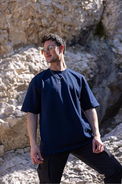 Pobudo Men's Navy Blue Color Oversize Unprinted Basic T-Shirt