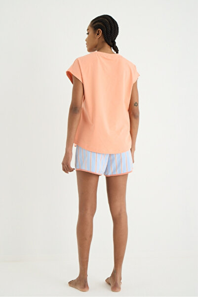 İPEKTENİM Striped Knitted Cord Detailed Printed Shorts Pajama Set