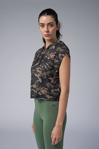 bilcee Pulover crop cu glugă de camuflaj verde pentru femei 4098