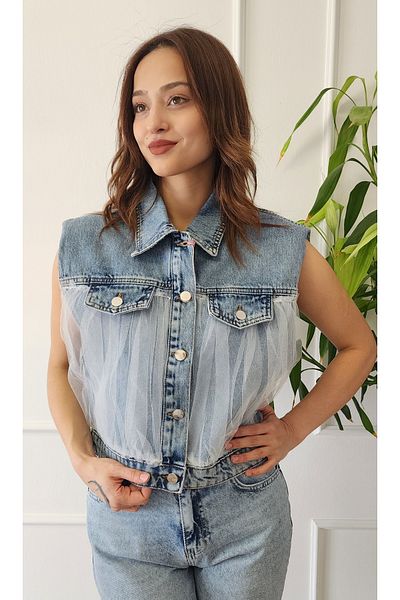My Boutique Дънков жилет с детайл от тюл