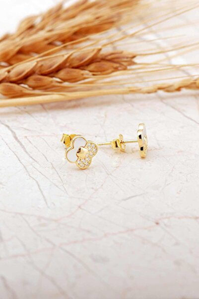 Sümer Telkari Sefef Taşlı Altın Kaplama Yonca Mini Gümüş Küpe 7272