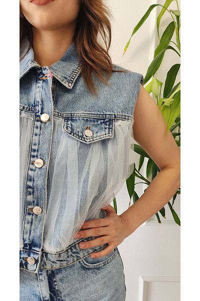 My Boutique Дънков жилет с детайл от тюл