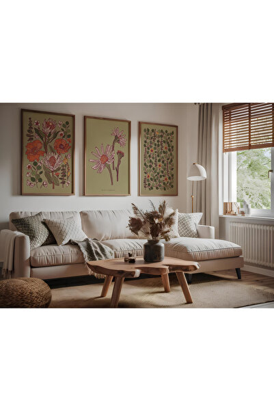 ARTCASTLE Set de 3 tablouri cu ramă din lemn Papatya