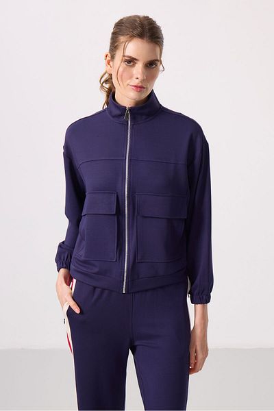 TOMMY LIFE Dark Purple Stand Collar Oversize Cargo Pocket Women's Crop Top Sweatshirt 97301