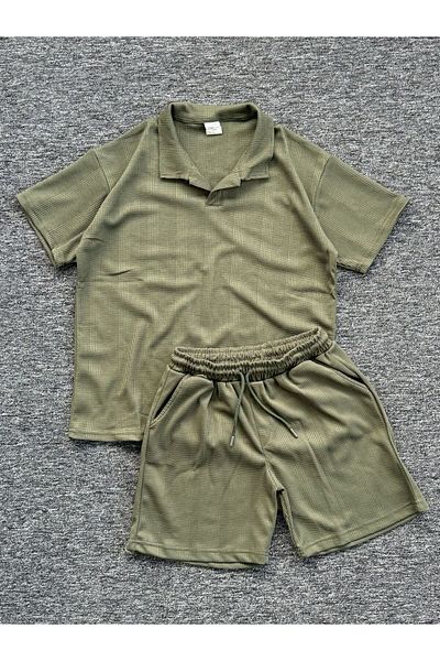 Altamira Men's Khaki Honeycomb Polo Neck T-Shirt Shorts Set