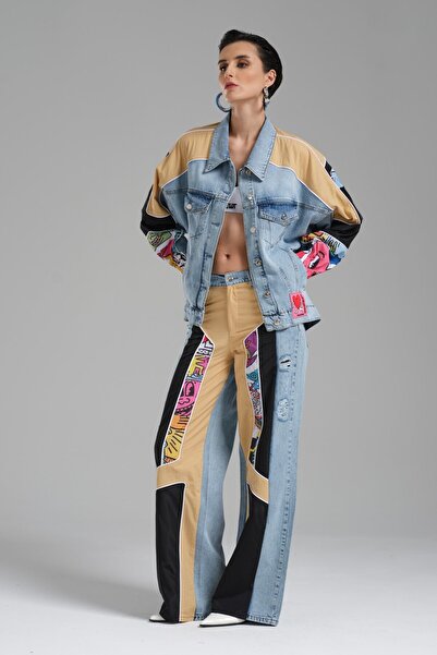 tw3 Design cu garnitură din țesătură colorată pentru femei Palazzo Jean