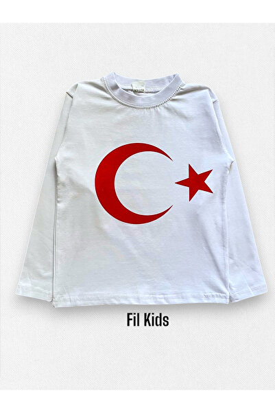 Fil Kids Çocuk %100 Pamuklu Uzun Kollu Beyaz Renk Türk Bayrak Ay Yıldız Desen...
