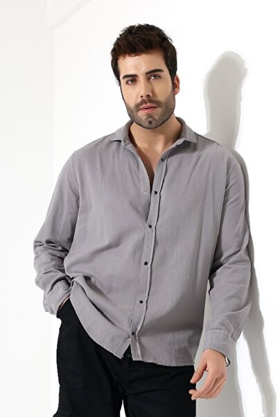 Peille Men's Gabardine Fabric Gray Snap Fastener Oversize Large Size Shirt