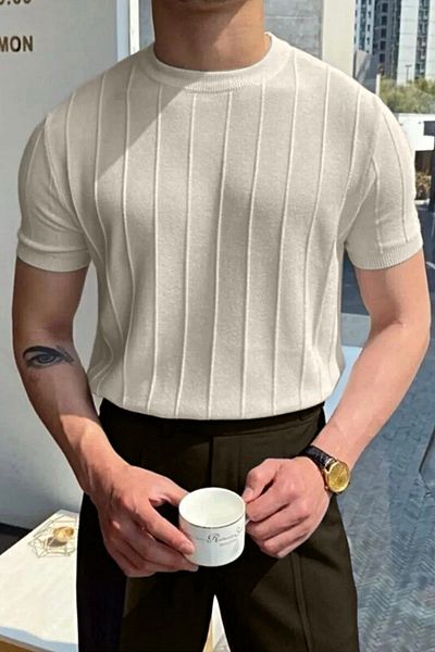 BİRBEYSTORE Ανδρικό πλεκτό T-Shirt με λαιμόκοψη