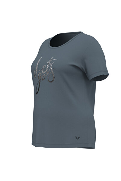 bilcee Women's Blue Large Size Glitter Printed T-Shirt 4177