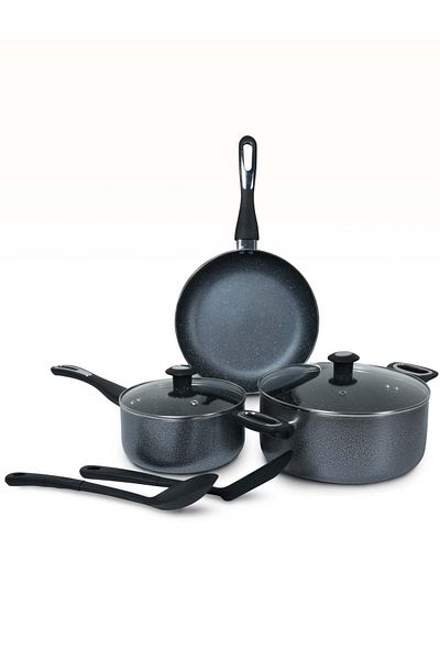 DELICI 7pcs Granite Cookware Set White Spatter Non-stick 1 Saucepan & Pan Pan With Lids 24cm Fry Pan
