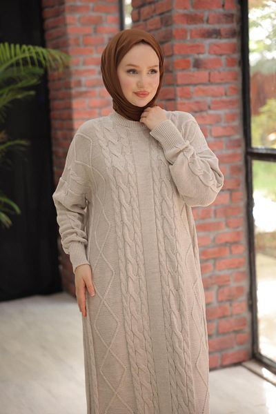Nissra Ankanoor Beige Twisted, Πλεκτό Φόρεμα με Διαμαντένιο Σχέδιο Oversize Anka 257010