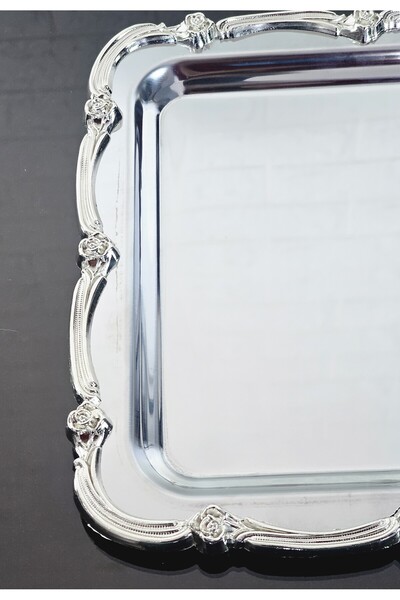 atabey home collection 2Pcs Silver Serving Tray: Presentation Tray, Coffee & Tea Tray, with Rose Frame