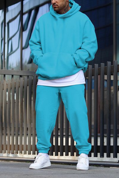 ruNadeS Men's Sports Tracksuit Set - Turquoise, 3 Thread, Fleece Oversize, Elastic Leg