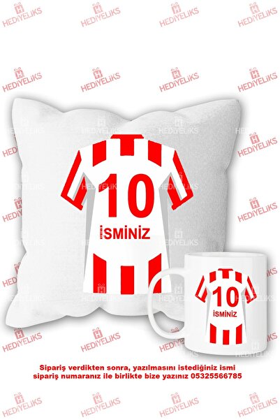 HEDİYELİKS Kırmızı Beyaz Forma Baskılı İsimli Taraftar Hediyesi Yastık ve Kup...