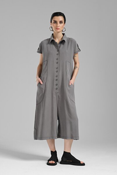 tw3 Women's Woven Fabric Short Sleeve Comfortable Fit Jumpsuit Salopet