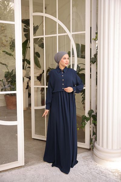 Nissra Ankanoor Navy Blue Smocked Medina Silk Φόρεμα Anka 255065