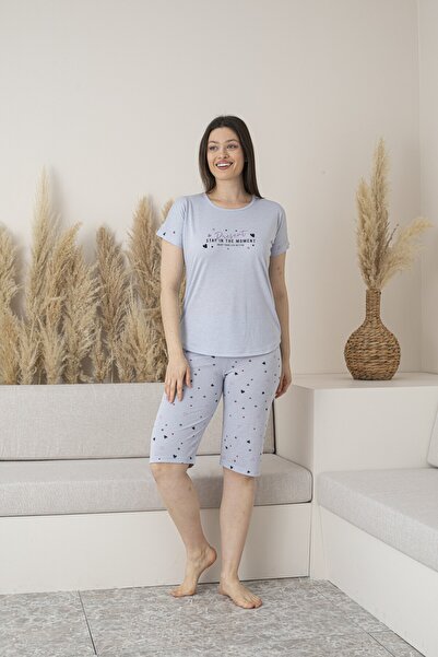 Estiva Kadın Yazlık Kalp Desenli Kısa Kollu Kaprili Viskon Pijama Takımı