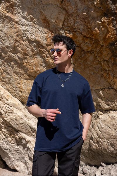 Pobudo Men's Navy Blue Color Oversize Unprinted Basic T-Shirt