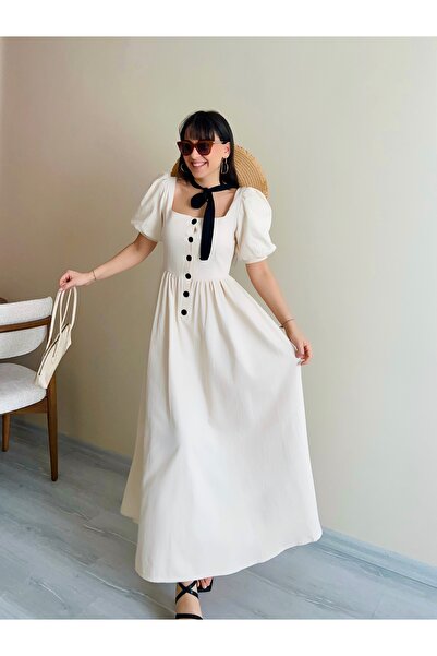 Vienna Wear Kadın Düğmeli Balon Kol Keten Elbise
