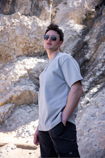 Pobudo Men's Gray Color Oversize Unprinted Basic T-Shirt