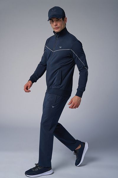 bilcee Set de trening pentru bărbați, albastru bleumarin, cu guler vertical, din bumbac 3972