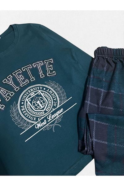 Fil Kids Men's Long Sleeve Green Torch Denim Bottom Plaid Pajamas Tak 100% Cotton