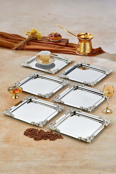 Turkco 6-Piece Metal Decorative Special Design Presentation, Promise Tray Set, Catering Presentation Serving Tray Set