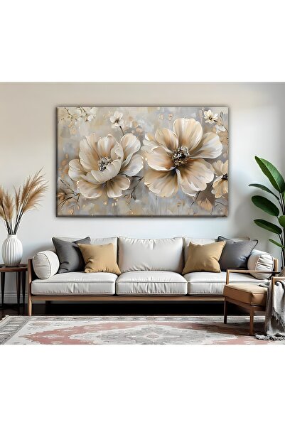 Harika bir ev | Gri Krem ÇİÇEK DETAY Modeli01| TEKLİ YATAY KANVAS TABLO