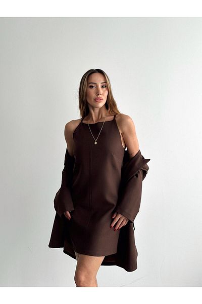 Maldia Shop فستان بني بحزام قصير للنساء