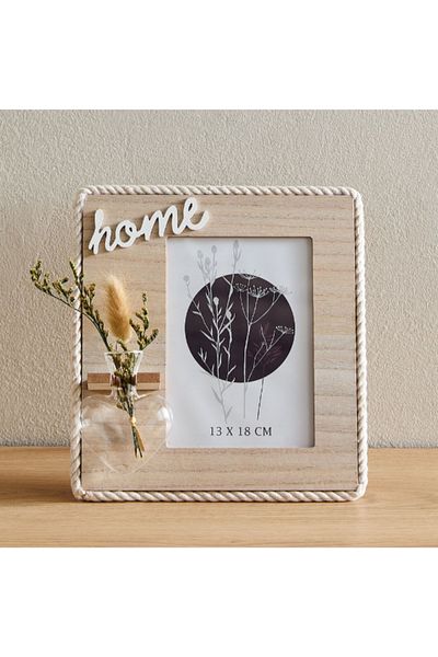 Home Box Wadee Wooden Photo Frame with Glass Vase and Dry Flowers