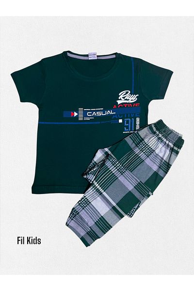 Fil Kids Boys' 100% Cotton Casual Patterned Six Plaid Green Short Sleeve Seasonal Pajamas